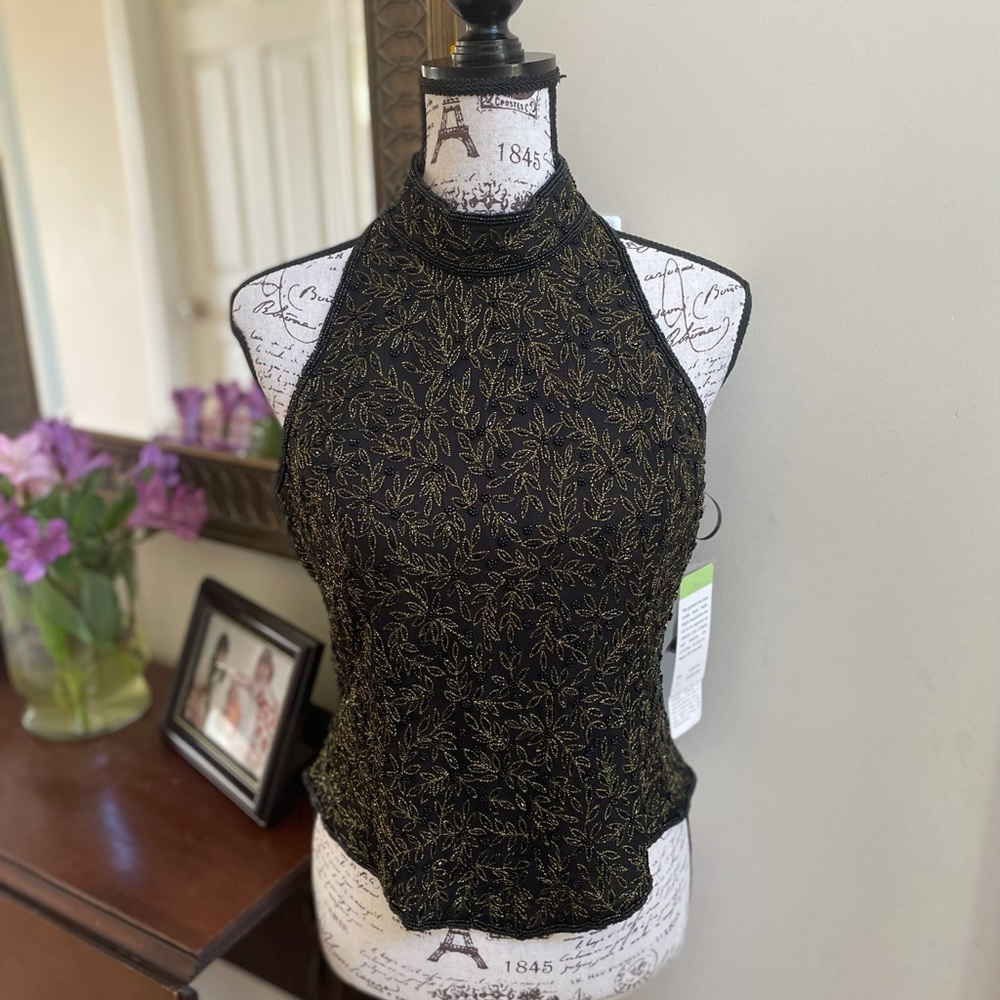 🤎 New Papell Boutique Beaded & Silk Evening Sleeveless Top
